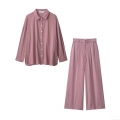 Women's 2 Piece Pants Set Casual Long Sleeve Button Down Shirt and High Waist Wide Leg Pants with Belt Dusty Rose Solid Color Streetwear Sets