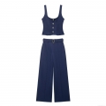 Women's Casual Polyester 2 Piece Sets Dark Blue Sleeveless Button Vest Crop Top High Waist Wide Leg Pants With Belt For Streetwear Autumn Fashion
