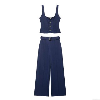 Women's Casual Polyester 2 Piece Sets Dark Blue Sleeveless Button Vest Crop Top High Waist Wide Leg Pants With Belt For Streetwear Autumn Fashion