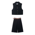 Women's 2-Piece Vest And Trousers Set Contrast Stitching Sleeveless Waistcoat With Wide Leg Pants Brown Faux Leather Belt Utility Streetwear Fall Outfit