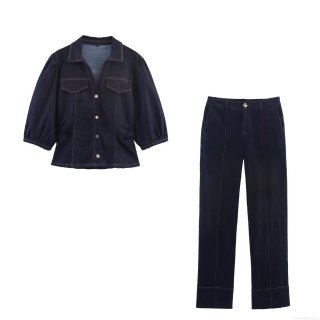 Women Retro Denim Two Piece Outfit Set Puff Sleeve Button Down Shirt Top And Straight Leg Jeans Pants Contrast Stitching Streetwear Casual Set