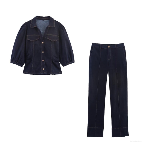 Women Retro Denim Two Piece Outfit Set Puff Sleeve Button Down Shirt Top And Straight Leg Jeans Pants Contrast Stitching Streetwear Casual Set