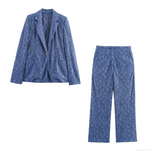 Women's Elegant Floral Lace Two Piece Set Single Breasted Blazer Jacket And Matching Wide Leg Pants Hollow Out Streetwear Outfits For Party Clubwear Office Ladies Fall Autumn Blue