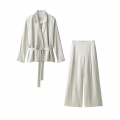 Women's 2 Piece Pants Set Satin Acetate Suit Jacket With Waist Tie And Wide Leg Trousers Elegant Office Commuting Streetwear Outfit For Women