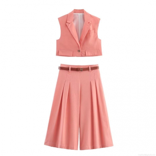 Women-s 2-Piece Fashion Set Short Sleeveless Lapel Vest And High Waist Pleated Wide Leg Pants With Belt Coral Pink Polyester Streetwear Casual Outfit For Women
