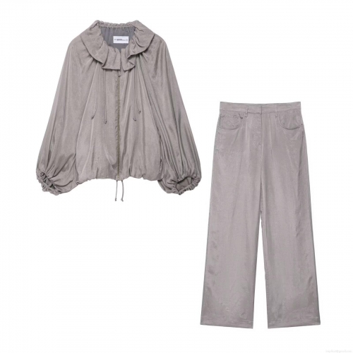 Women's Casual Two-Piece Set Ruffle Collar Zipper Bomber Jacket And Wide Leg Pants Streetwear Grey Polyester Satin Finish Tracksuit