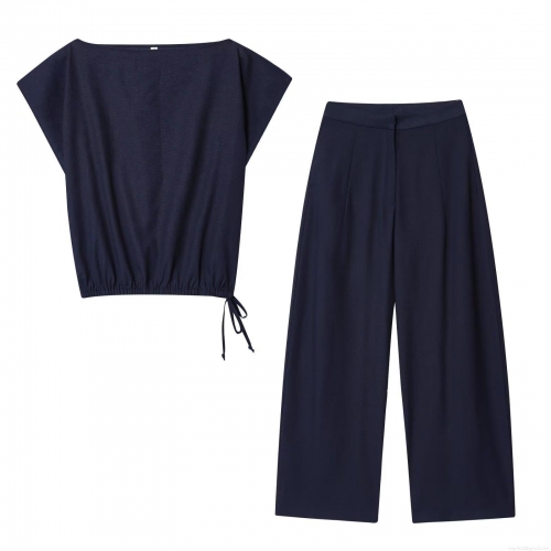 Women's Autumn Solid Sleeveless Drawstring Crop Top and High Waist Wide Leg Pants Two Piece Set Street Casual Polyester Outfits for Women