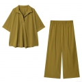 Women's Two Piece Set Solid Color Polyester Short Sleeve V-Neck Polo Shirt And Wide Leg Pants Casual Streetwear Autumn Outfits Loungewear
