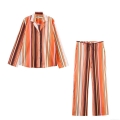 Women's Multi-color Striped Two-Piece Set Polyester Poplin Lapel Long Sleeve Button Down Shirt And High Waist Drawstring Straight Leg Pants Casual Streetwear Outfit