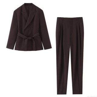 Women's Blazer and Pants Suit Set With Belt Double Breasted Solid Color Polyester Long Sleeve Two Piece Outfits For Office Daily Streetwear Fall Fashion
