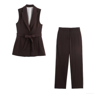 Women's 2 Piece Polyester Outfit Sleeveless Lapel Vest With Butterfly Knot Belt And Straight Leg Pants White Side Stripe Detailing Dark Brown Elegant Commute Streetwear Casual Set