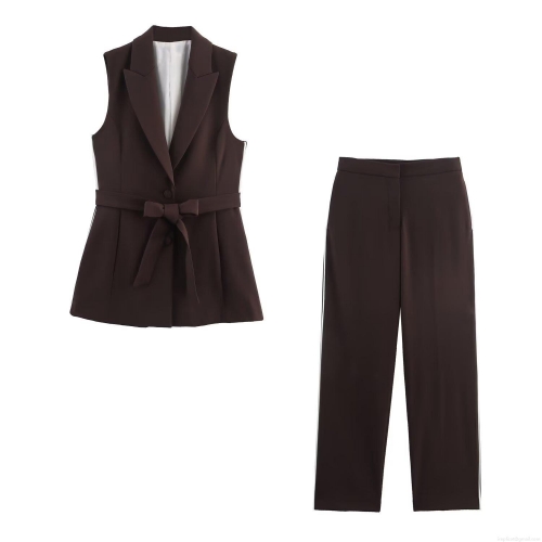 Women's 2 Piece Polyester Outfit Sleeveless Lapel Vest With Butterfly Knot Belt And Straight Leg Pants White Side Stripe Detailing Dark Brown Elegant Commute Streetwear Casual Set