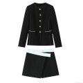 Women's 2 Piece Blazer Suit Set Contrast Stitching Round Neck Long Sleeve Jacket And Belted Culottes Polyester Elegant Office Lady Outfit