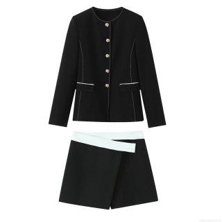 Women's 2 Piece Blazer Suit Set Contrast Stitching Round Neck Long Sleeve Jacket And Belted Culottes Polyester Elegant Office Lady Outfit
