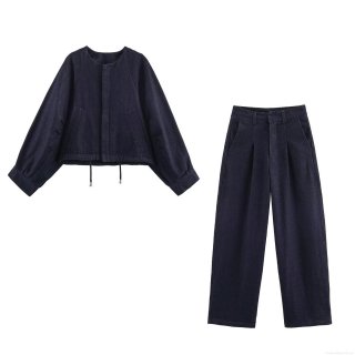 Women Casual Denim 2 Piece Set Round Neck Drawstring Short Jacket And High Waist Wide Leg Pants Set Solid Deep Blue Cotton Blend Streetwear Outfits