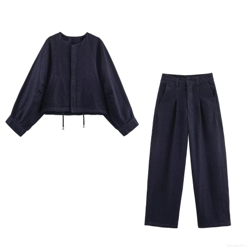 Women Casual Denim 2 Piece Set Round Neck Drawstring Short Jacket And High Waist Wide Leg Pants Set Solid Deep Blue Cotton Blend Streetwear Outfits