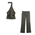 Women's Elegant 2-Piece Set Polka Dot Print Silk Satin Texture Halter Neck Scarf Top And High Waist Flare Leg Pants Backless Streetwear Outfits