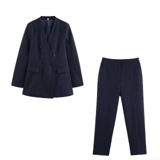 Women's Two Piece Suit Set Double Breasted V Neck Blazer And High Waist Straight Leg Trousers Navy Blue Polyester Modern Office Business Formal Street Style Outfit