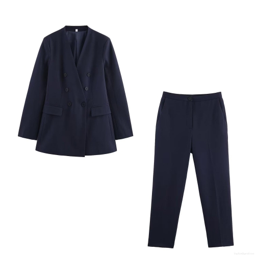 Women's Two Piece Suit Set Double Breasted V Neck Blazer And High Waist Straight Leg Trousers Navy Blue Polyester Modern Office Business Formal Street Style Outfit