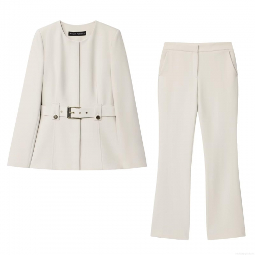 Women's Business Casual Suit Set Round Neck Long Sleeve Blazer Jacket With Belt And High Waist Flared Pants Two Piece Professional Office Outfit Cream