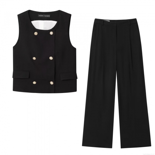 Women's 2 Piece Elegant Suit Set Double Breasted Vest And High Waist Wide Leg Pants Solid Black Office Commute Party Streetwear Waistcoat Trousers Outfit