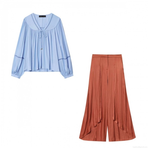 Women Elegant Long Sleeve V Neck Tie Front Chiffon Shirt And High Waist Satin Wide Leg Pants Casual Streetwear Two Piece Set Polyester Lace Splicing Outfits