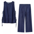 Women's Denim Two-Piece Set Sleeveless Bow Tie-Side Top And High Waist Wide Leg Cargo Pants Dark Blue Streetwear Casual Summer Outfit For Ladies