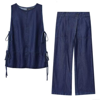 Women's Denim Two-Piece Set Sleeveless Bow Tie-Side Top And High Waist Wide Leg Cargo Pants Dark Blue Streetwear Casual Summer Outfit For Ladies