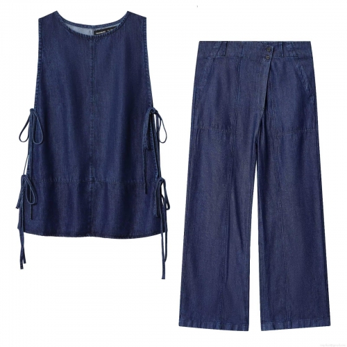 Women's Denim Two-Piece Set Sleeveless Bow Tie-Side Top And High Waist Wide Leg Cargo Pants Dark Blue Streetwear Casual Summer Outfit For Ladies