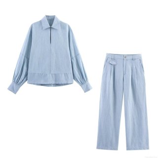 Women Western Style Light Blue Washed Denim Shirt And Wide Leg Pants Set Casual Distressed Solid Long Sleeve Top Two Piece Outfits Streetwear