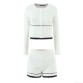 Women's Ribbed Knit Two-Piece Set Contrast Black Lace Trim Long Sleeve Button Up Cardigan And Elastic Waist Shorts Set Casual Streetwear Loungewear Outfit