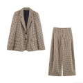 Women's Vintage Plaid Blazer and Wide Leg Pants Set 2-Piece Woven Polyester Houndstooth Checked Suit Outfit for Office Casual Streetwear