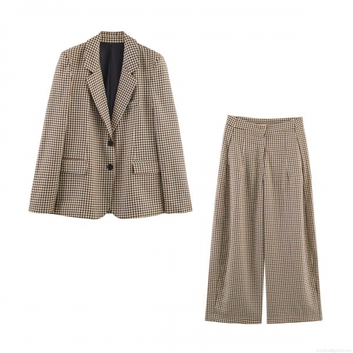 Women's Vintage Plaid Blazer and Wide Leg Pants Set 2-Piece Woven Polyester Houndstooth Checked Suit Outfit for Office Casual Streetwear