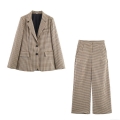 Women's British Retro Plaid Blazer And Wide Leg Pants Two Piece Suit Set Autumn Western Style Commuting Office Long Sleeve Outfit