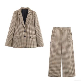 Women's British Retro Plaid Blazer And Wide Leg Pants Two Piece Suit Set Autumn Western Style Commuting Office Long Sleeve Outfit