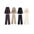 Women's 2 Piece Knitted Set Autumn European Style Solid Color Cardigan Coat With Belt And Wide Leg Pants Casual Streetwear Knitted Outfit For Women Polyester Warm Soft Set