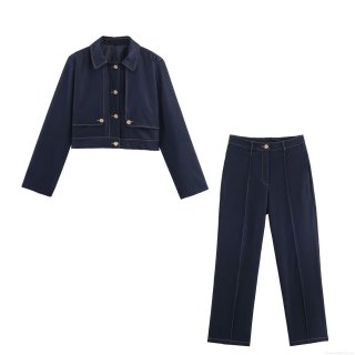 Women's 2-Piece Casual Suit Set Contrast Stitching Crop Jacket and Straight Leg Pants Dark Blue Autumn Streetwear Office Lady Outfit with Gold Buttons