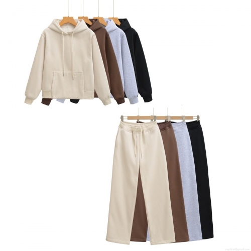 Women's 2 Piece Tracksuit Cotton Blend Fleece Hooded Sweatshirt And Wide Leg Pants Set Solid Color Casual Streetwear Autumn Winter Loungewear Outfit