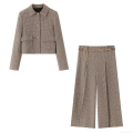 Women Houndstooth Plaid Blazer And Wide Leg Pants Set With Metal Chain Belt Retro European Style 2 Piece Suit Long Sleeve Cropped Jacket High Waist Trousers For Office Streetwear
