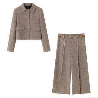 Women Houndstooth Plaid Blazer And Wide Leg Pants Set With Metal Chain Belt Retro European Style 2 Piece Suit Long Sleeve Cropped Jacket High Waist Trousers For Office Streetwear