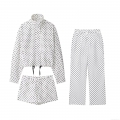 Women's 3-Piece Polka Dot Set Including Stand Collar Zipper Jacket With Shorts And Straight Leg Pants 100% Polyester Streetwear Casual Outfit For Women White Black