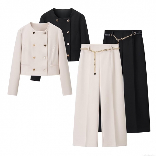 Women's Autumn Blazer and Pants Two-Piece Set Metal Chain Belt Double Breasted Short Jacket High Waist Wide Leg Trousers Polyester Commute Streetwear Suit Lady