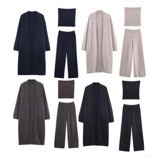 Women's 3-Piece Knitted Set Solid Long Cardigan With Tube Top And High Waist Wide Leg Pants Outfits Casual Autumn Streetwear Set