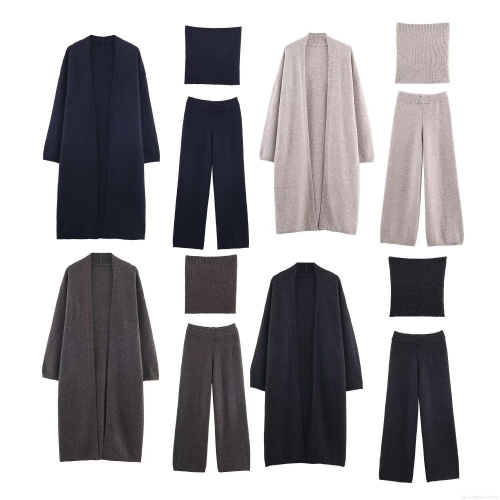 Women's 3-Piece Knitted Set Solid Long Cardigan With Tube Top And High Waist Wide Leg Pants Outfits Casual Autumn Streetwear Set