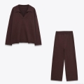 Women's 2-Piece Knit Set Long Sleeve Polo V-Neck Pullover Top And High Waist Wide Leg Pants Casual Solid Color Outfits For Autumn Winter