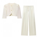 Women's Elegant Tweed Cropped Blazer And Satin Wide Leg Pants Two Piece Set With Gold Buttons Puff Sleeve Western Street Style Outfit For Ladies Autumn Fall
