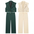 Women's Two Piece Suit Set Sleeveless Short Blazer Vest And High Waist Wide Leg Pants Outfits Business Casual Solid Color Streetwear With Metal Buttons