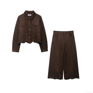 Women Faux Suede 2 Piece Set Laser Cut Flower Embroidery Crop Jacket And High Waist Wide Leg Pants Vintage Autumn Streetwear Dark Brown Outfits