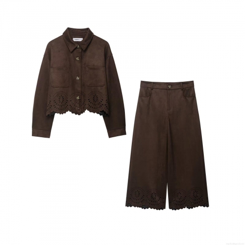 Women Faux Suede 2 Piece Set Laser Cut Flower Embroidery Crop Jacket And High Waist Wide Leg Pants Vintage Autumn Streetwear Dark Brown Outfits