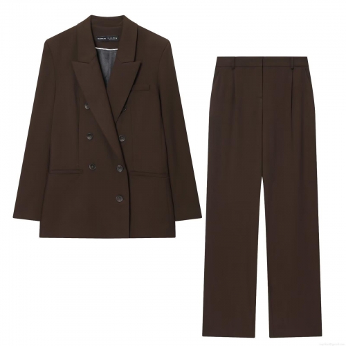Women's Professional 2 Piece Business Suit Set Double Breasted Blazer and High Waist Straight Leg Pants Solid Color Polyester Office Lady Autumn Outfits